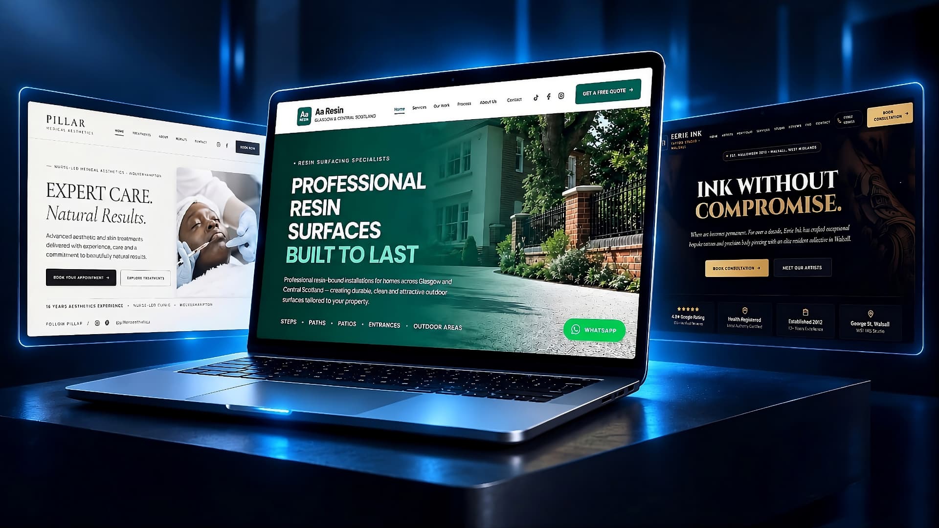 YWA Digital showcase featuring the Pillar Medical Aesthetics, Aa Resin and Eerie Ink website concepts